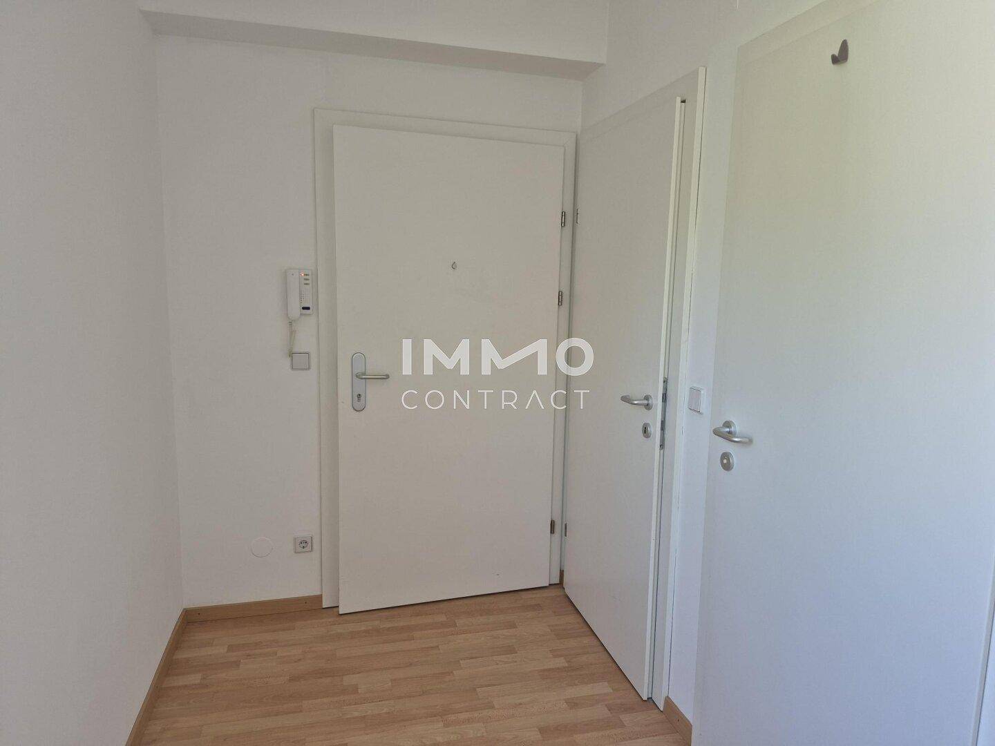 Heller Eingangsbereich mit zwei weißen Türen und hellem Holzfußboden.