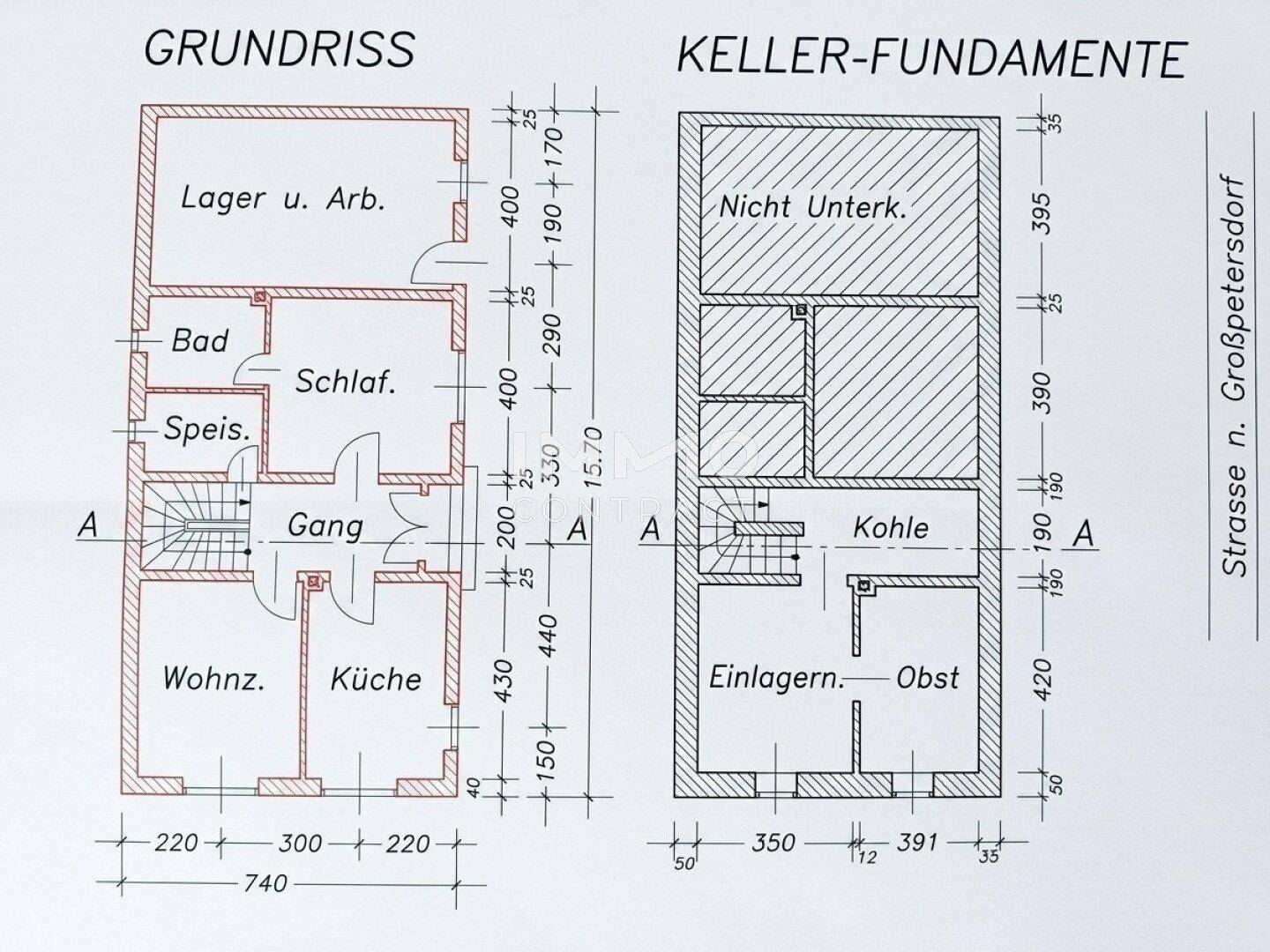 Grundriss und Keller-Fundamente mit Raumaufteilung und Maßen.