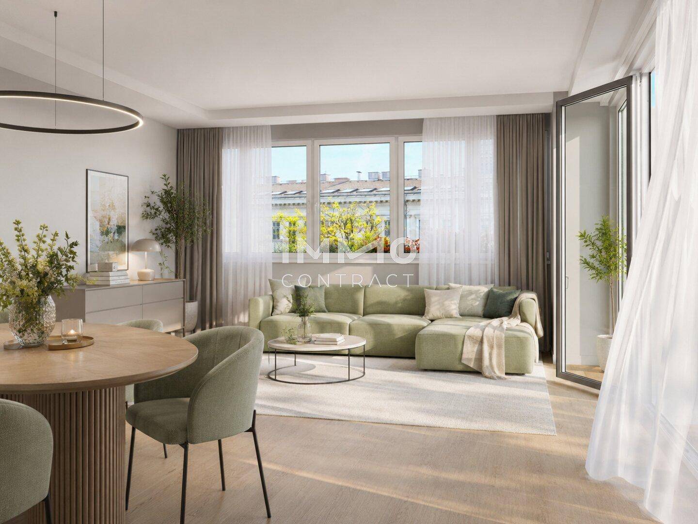 Heller, offener Wohn- und Essbereich mit modernem Design, bequemer Couch und Zugang zum Balkon.