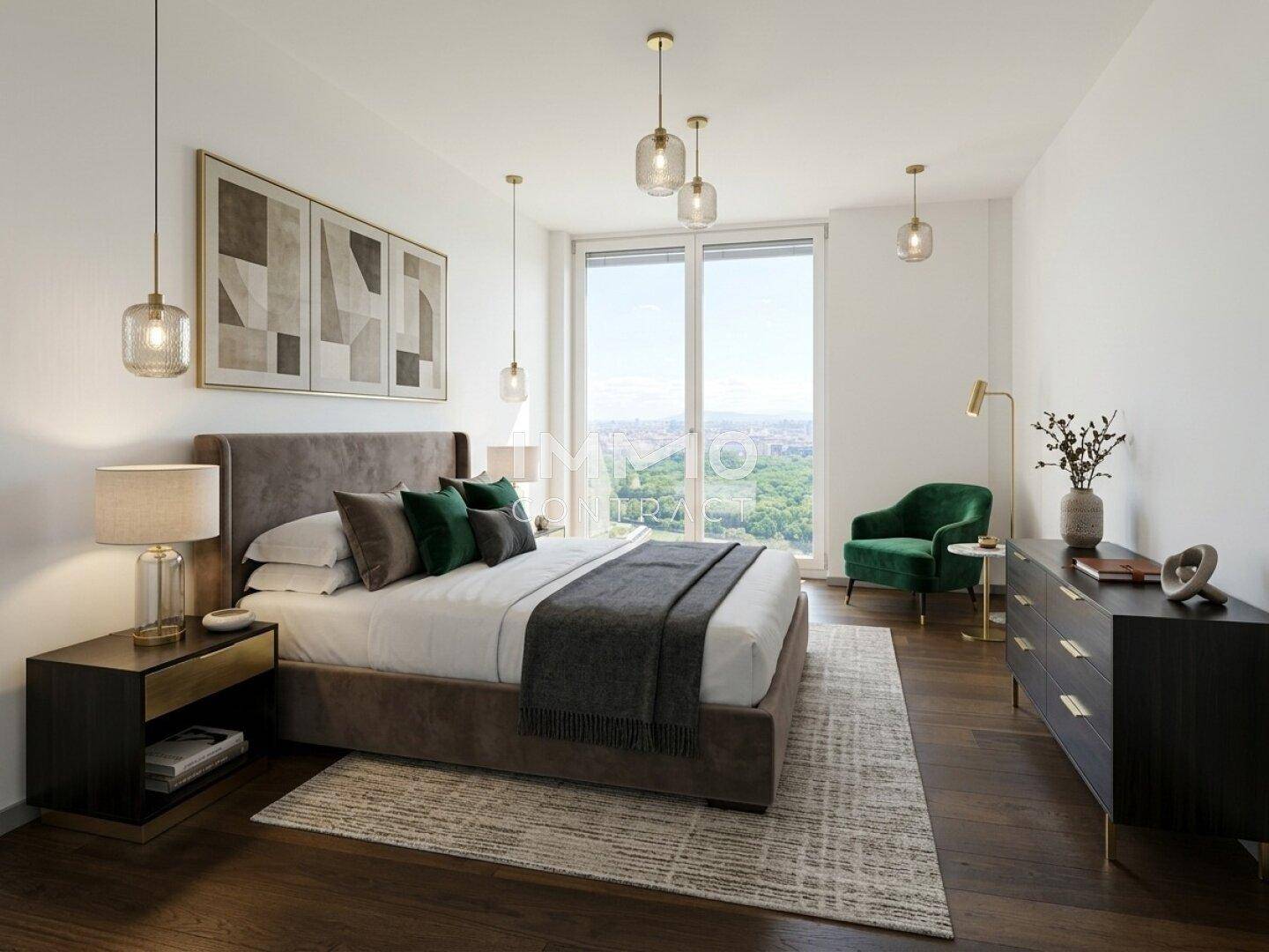 Modern eingerichtetes Schlafzimmer mit Holzboden, großem Fenster und stilvollen Möbeln.