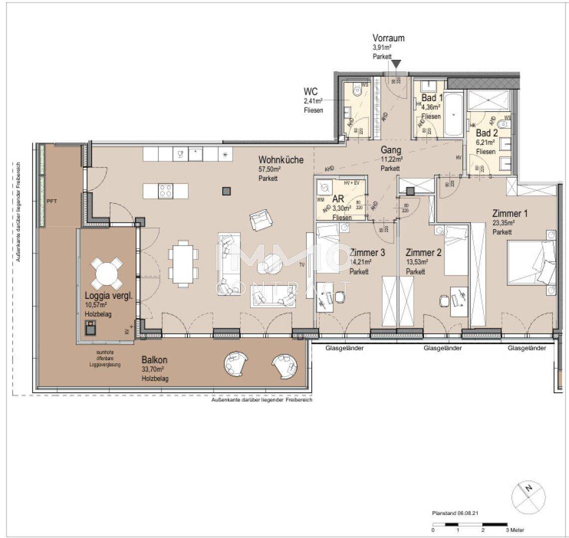 Detaillierter Grundriss einer Wohnung mit offener Wohnküche, Loggia und Balkon.