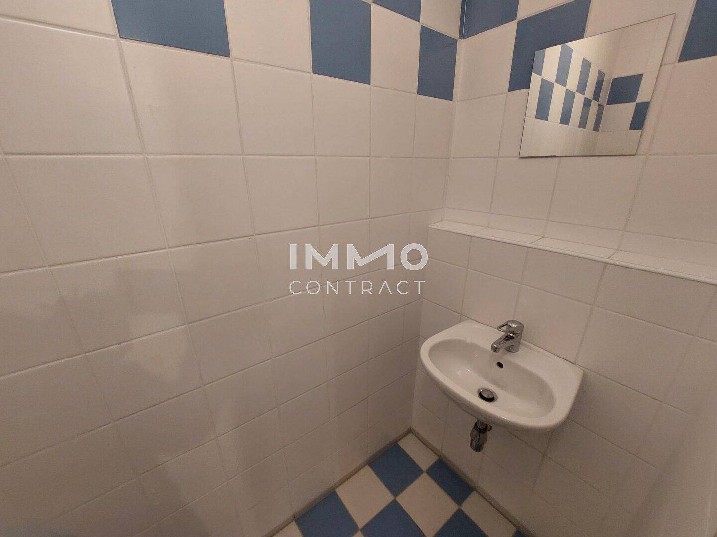 Einfaches Gäste-WC mit kleinem Waschbecken und charakteristischen blau-weißen Fliesen.
