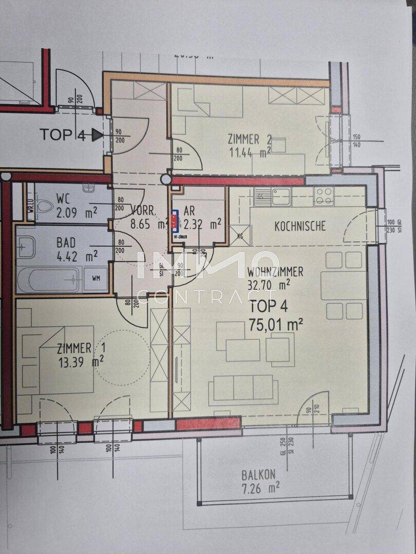 Detaillierter Grundriss der Wohnung Top 4 mit Zimmern, Bad, WC und Balkon.