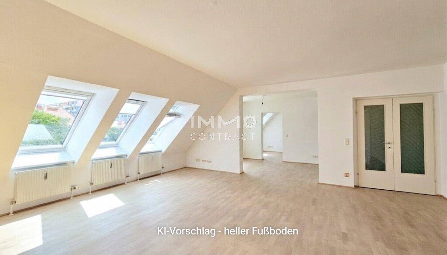 Helles Dachgeschoss-Wohnzimmer mit Holzboden und mehreren Dachfenstern, virtuell aufgehellt.