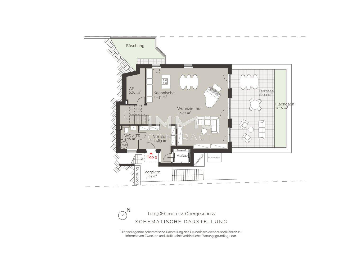 Grundriss des Obergeschosses mit offenem Wohnzimmer, Küche, WC und Zugang zu einer großen Terrasse.