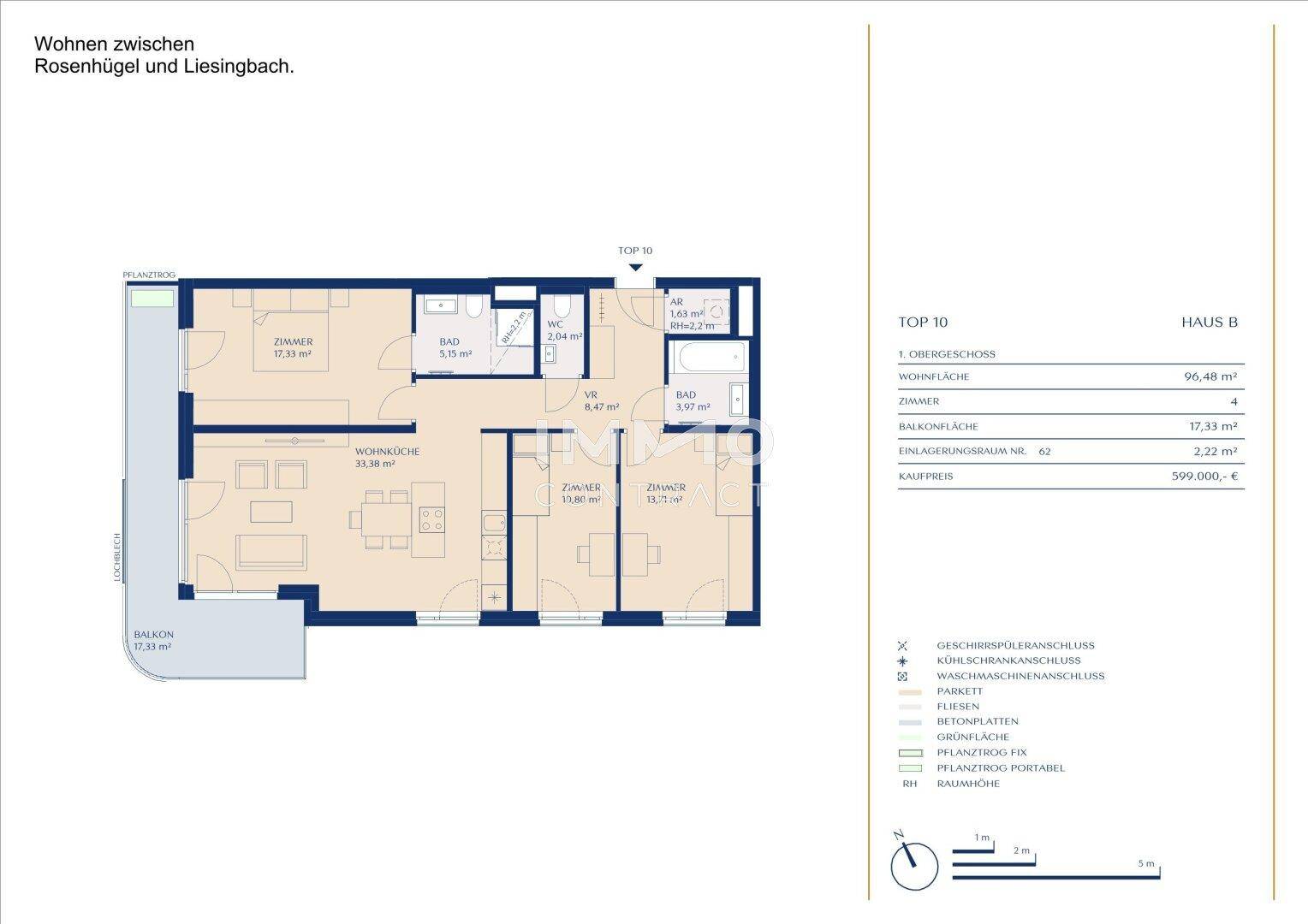 Grundriss von Haus B, Top 10, zeigt eine 96,48 m² Wohnung mit Balkon.