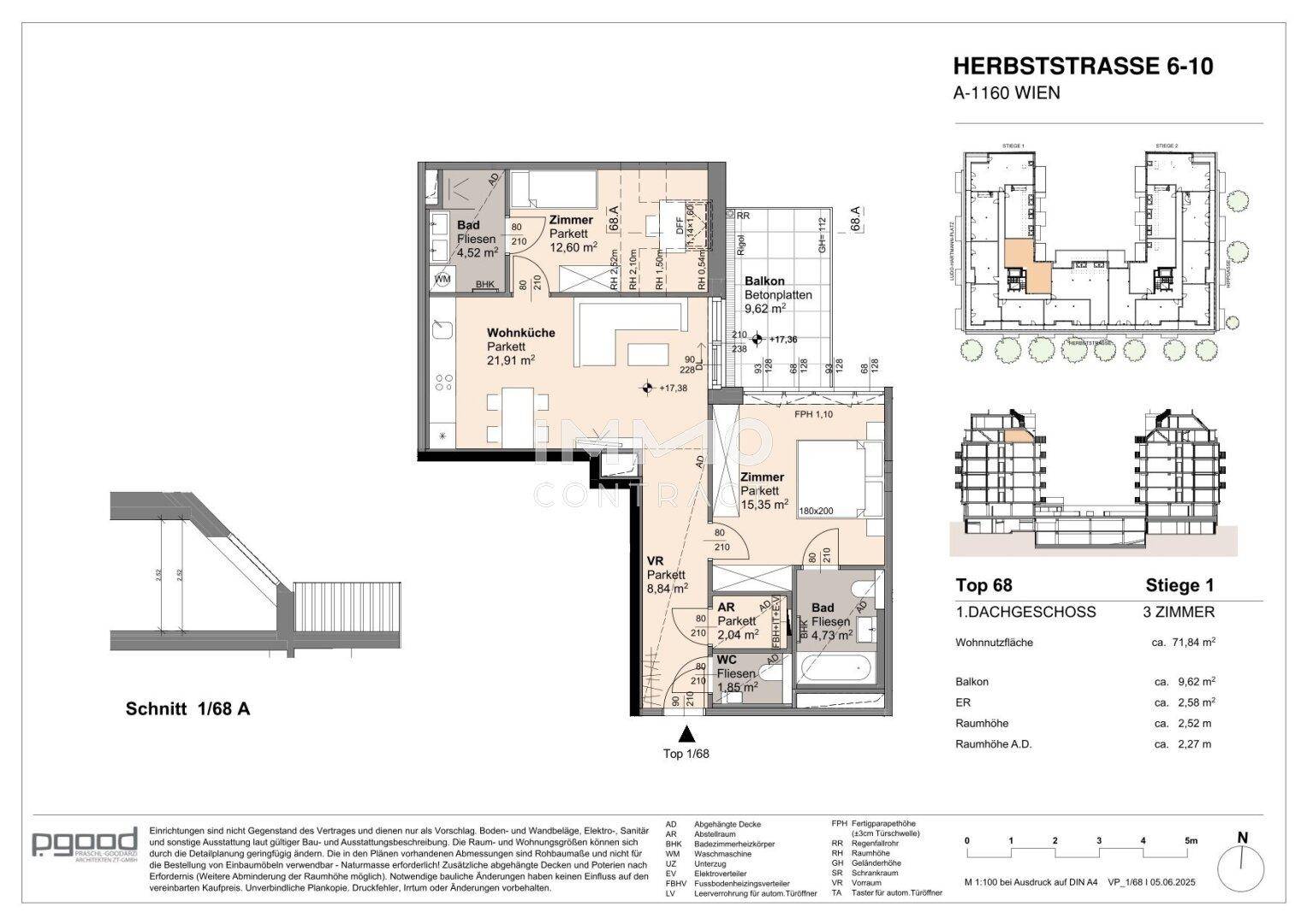 Detaillierter Grundriss einer 3-Zimmer-Wohnung im Dachgeschoss mit Balkon und Bad.