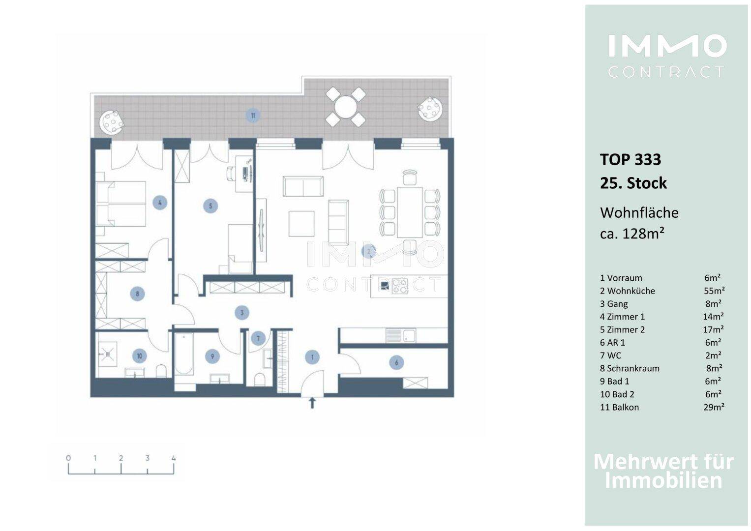 Grundriss einer Wohnung im 25. Stock mit ca. 128m² Wohnfläche, offenem Wohn-Essbereich, zwei Bädern und großem Balkon.