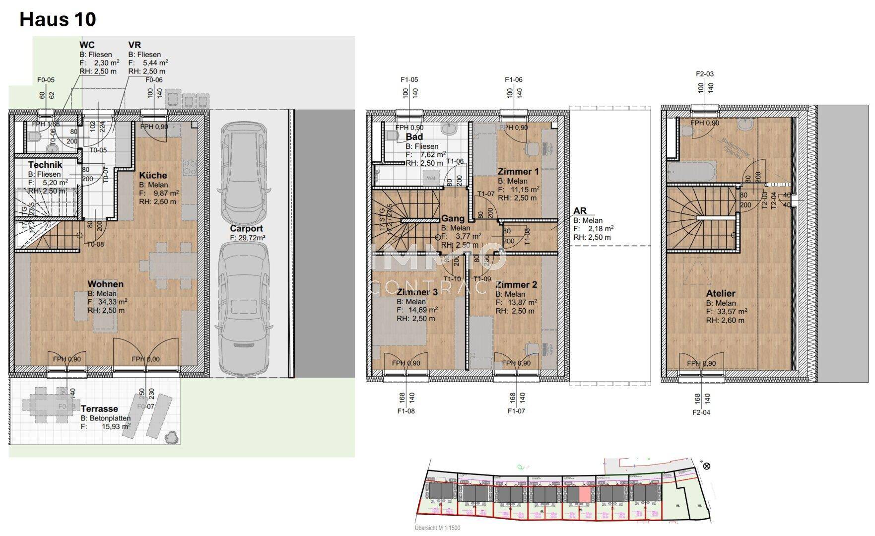 Detaillierter Grundriss von Haus 10 mit Erdgeschoss, Obergeschoss und Dachgeschoss.