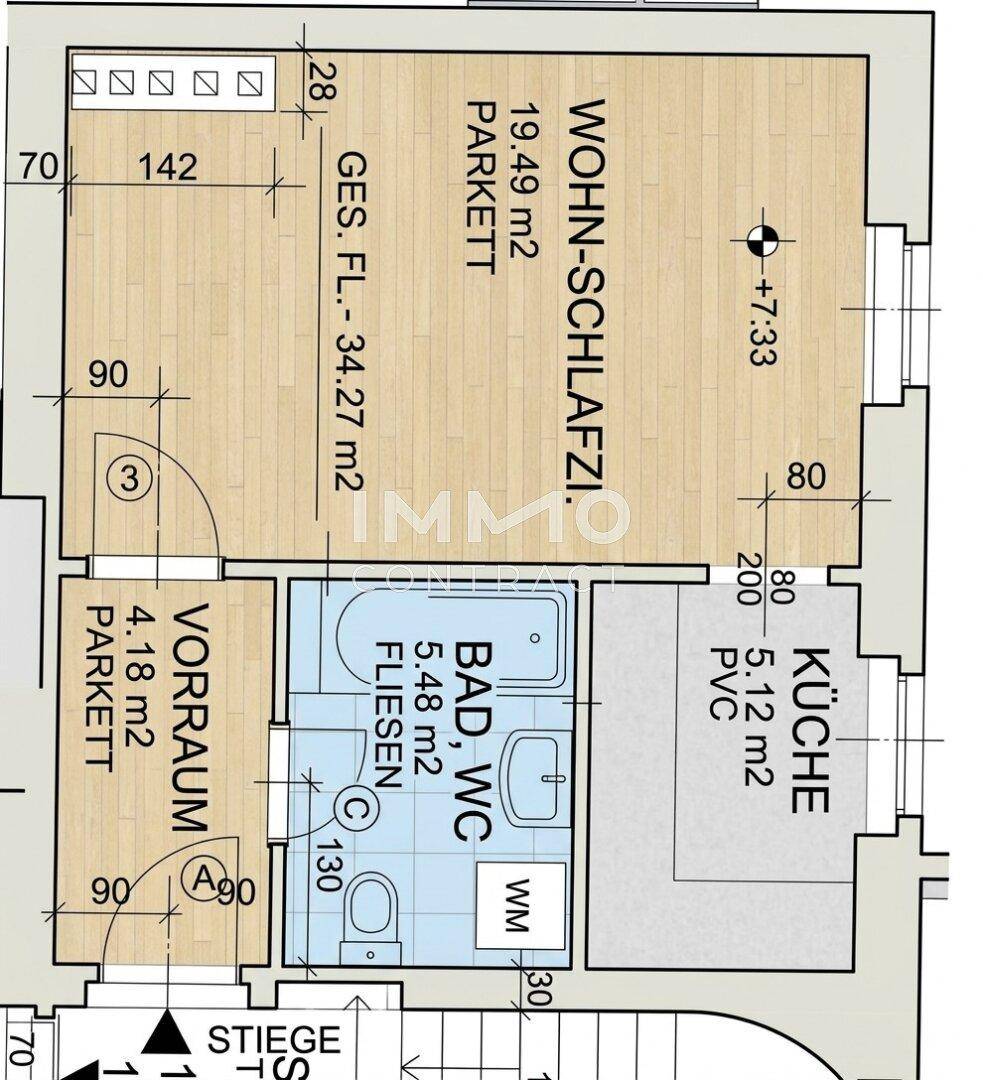 Grundriss einer Wohnung mit kombiniertem Wohn-Schlafzimmer, separater Küche und Bad.