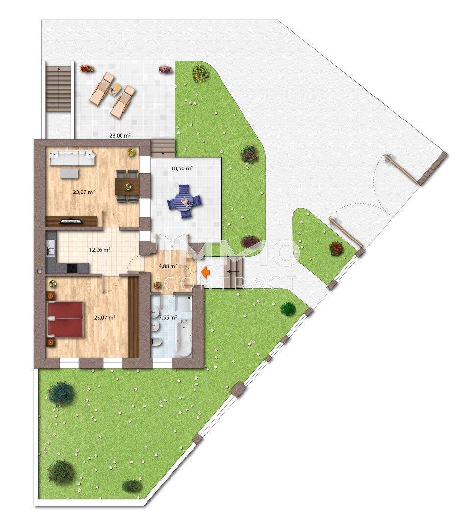 Grundriss des Erdgeschosses mit Garten, Terrasse und Zufahrt, möbliert dargestellt.