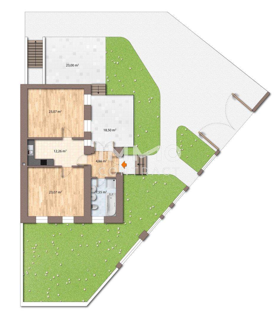 Grundriss des Erdgeschosses mit Garten, Terrasse und Zufahrt, unmöbliert dargestellt.
