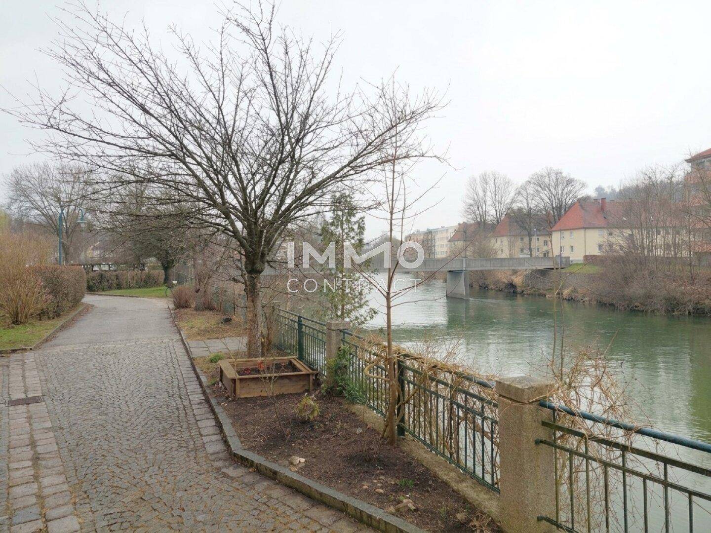 Blick auf den Fluss mit einer Brücke und Bäumen am Ufer an einem bewölkten Tag.