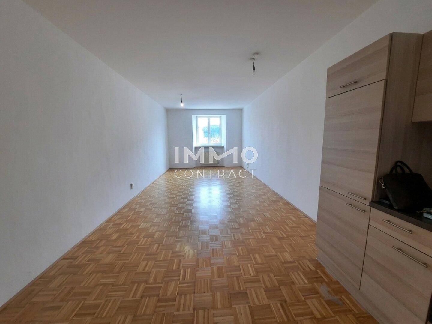 Langer Wohnbereich mit integrierter Küchenzeile und viel Tageslicht durch das Fenster.