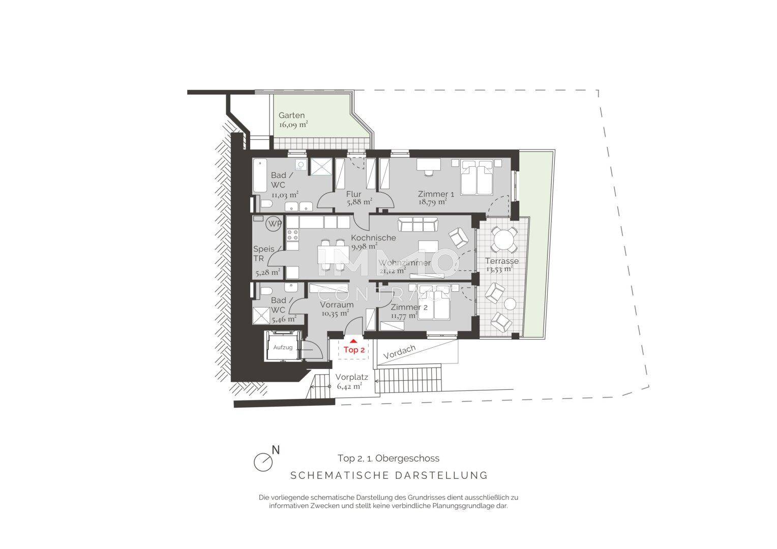 Grundriss einer Wohnung im ersten Obergeschoss mit offener Wohnküche, zwei Schlafzimmern, zwei Bädern, Terrasse und Garten.