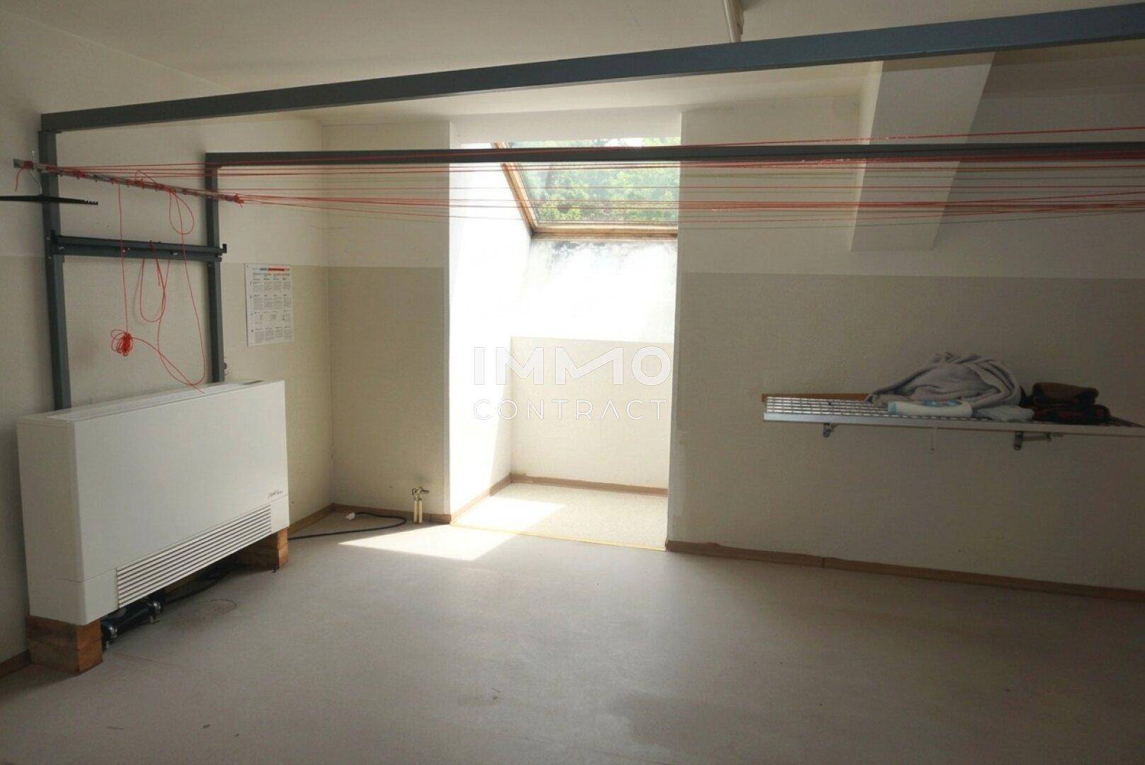 Geräumiger Hauswirtschaftsraum mit Heizungsanlage, Betonboden und einem Dachfenster für Tageslicht.