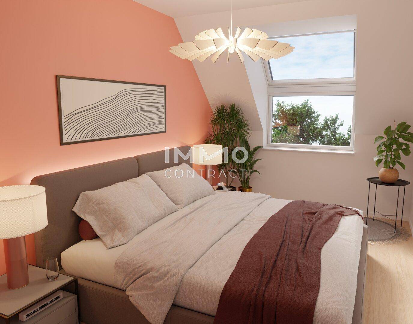 Gemütliches Schlafzimmer im Dachgeschoss mit farbiger Wand, Dachfenster und modernem Bett.