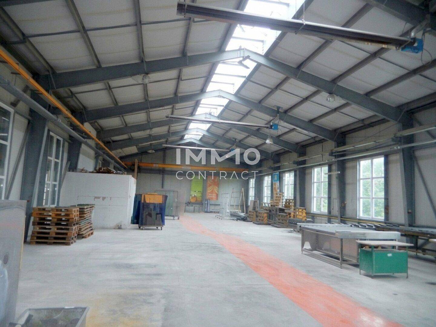 Weitläufige Industriehalle mit Oberlichtern, Betonboden und Metallkonstruktion, ideal für Lagerung oder Produktion.