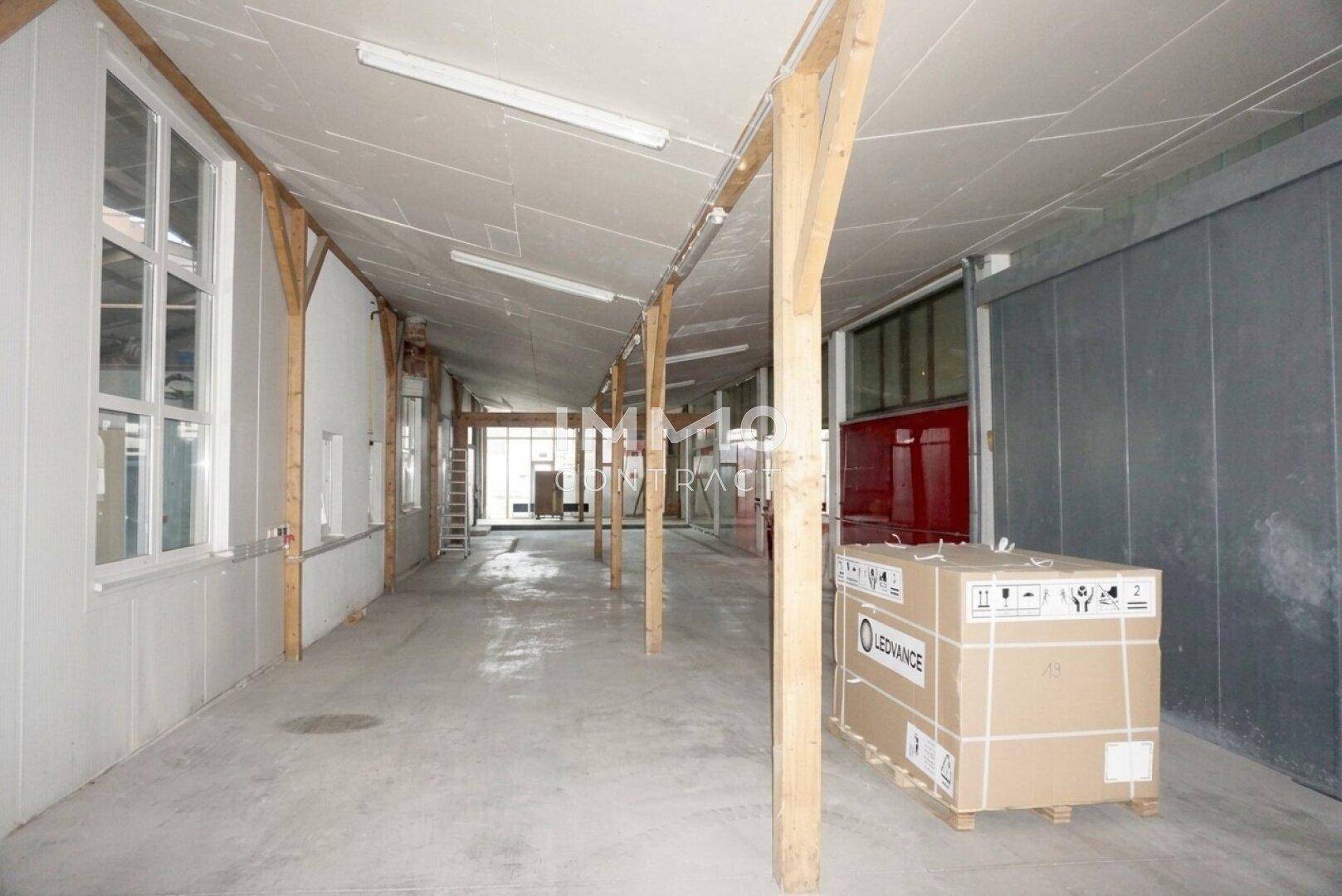 Langer Hallenbereich mit Holzstützen, großen Fenstern und Betonboden, gut beleuchtet und funktional.