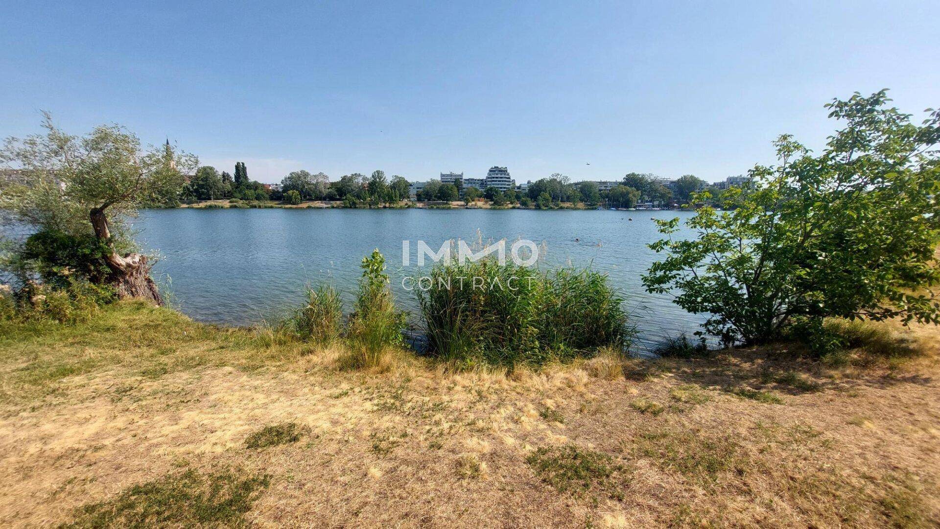 Weiter Blick über einen See mit Uferbewuchs und Gebäuden in der Ferne unter blauem Himmel.