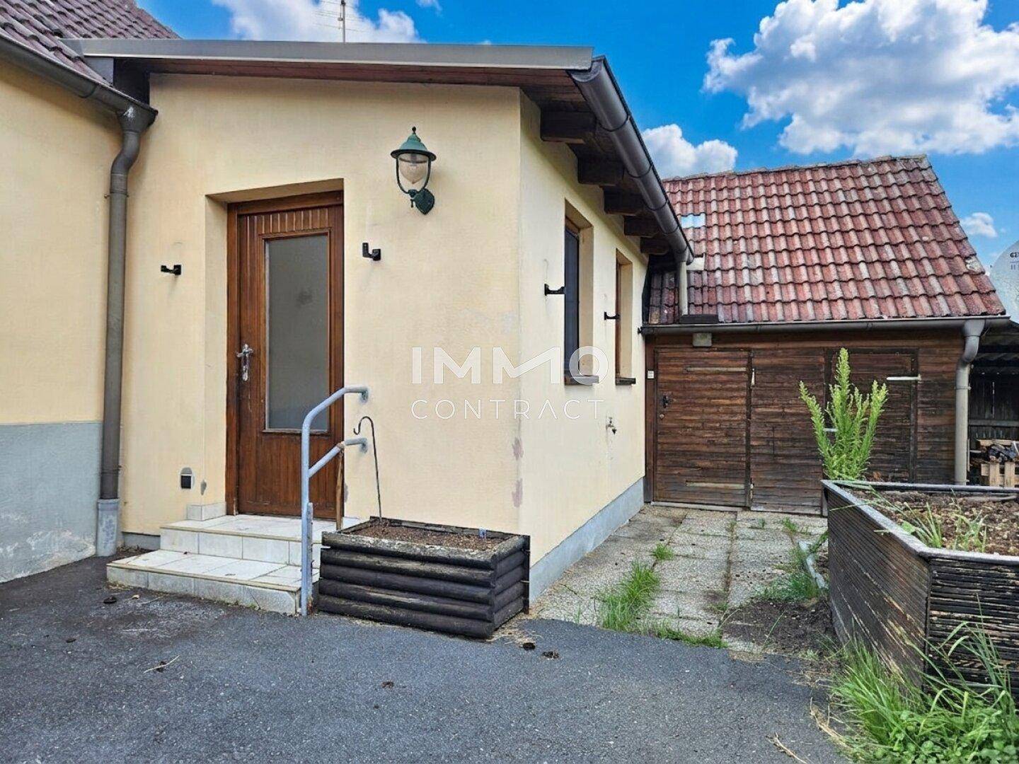 Eingangsbereich des Hauses mit Holztür, Außenleuchte und kleinen Pflanzkübeln.