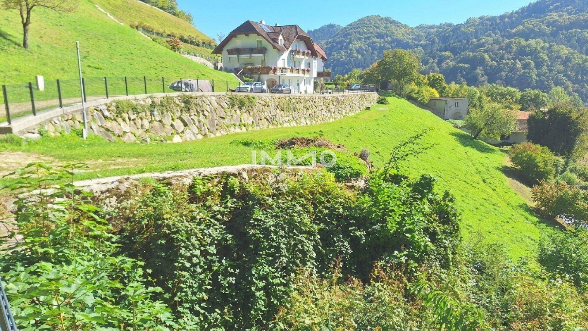 Ein charmantes Haus auf einem sonnigen Hügel, umgeben von grünen Wiesen und einer kurvigen Straße.