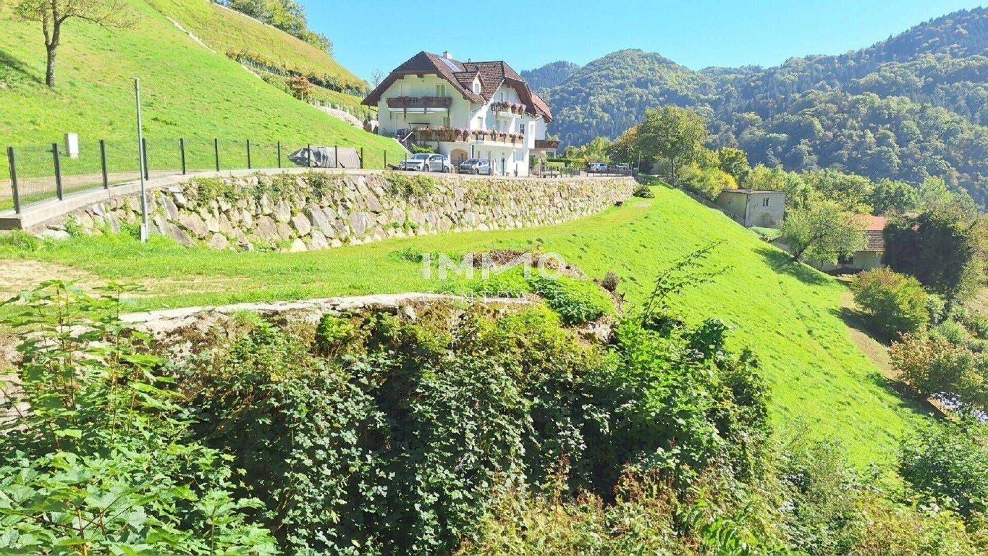 Ein Haus im alpinen Stil auf einem grünen Hügel mit einer Straße und einer Steinmauer im Vordergrund.