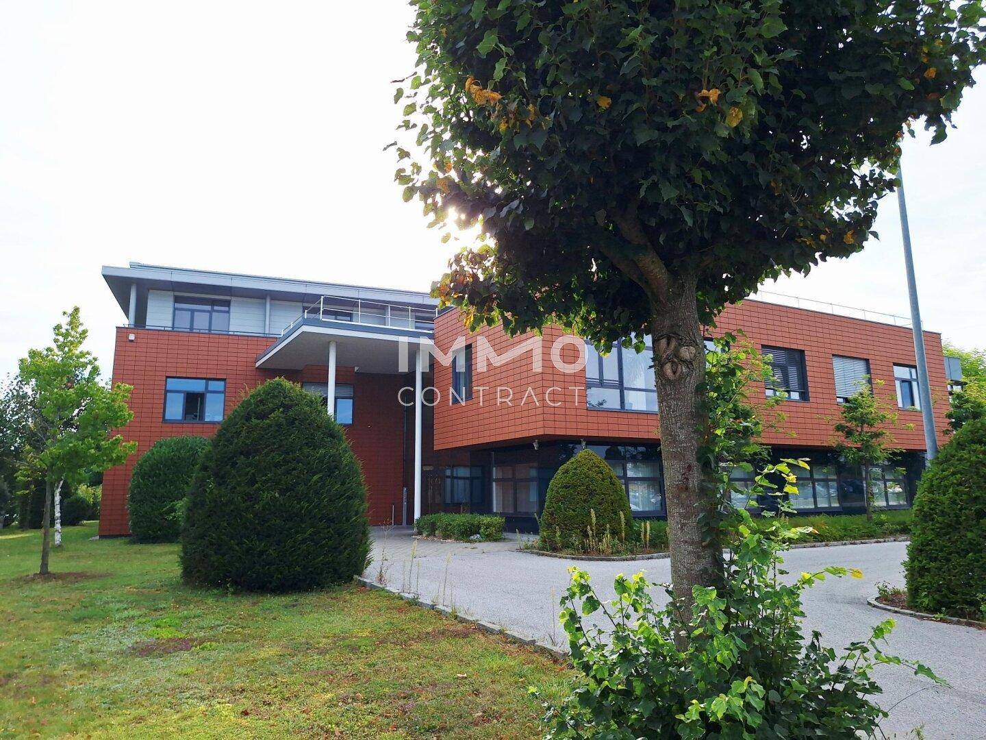 Eingangsbereich des Bürogebäudes mit Zufahrt und gepflegten Grünflächen.