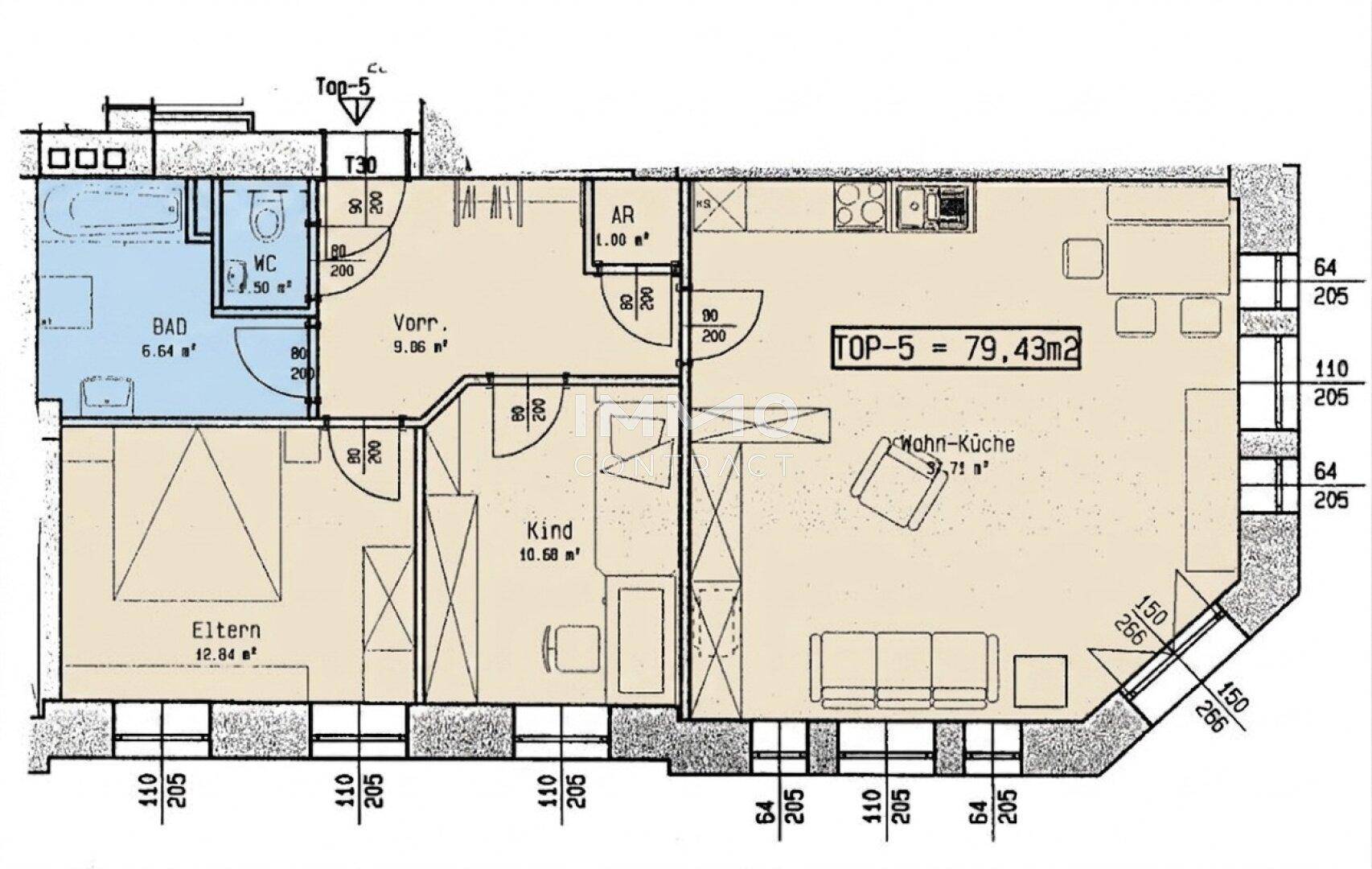 Grundriss der Wohnung mit Wohnküche, zwei Schlafzimmern und Badezimmer.