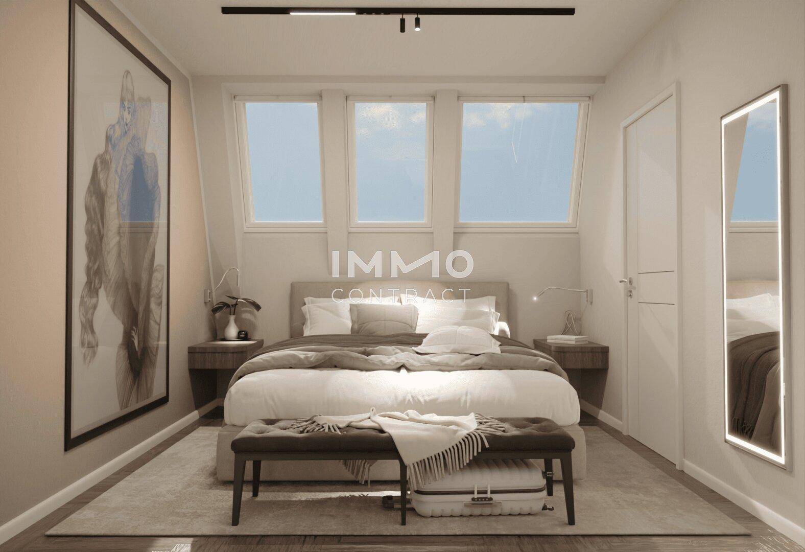 Stilvolles Schlafzimmer mit drei Dachfenstern, die für eine helle und luftige Atmosphäre sorgen.
