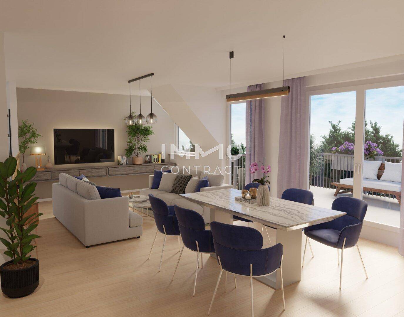 Offener Wohn-Essbereich mit Zugang zur Terrasse und modernen Möbeln.