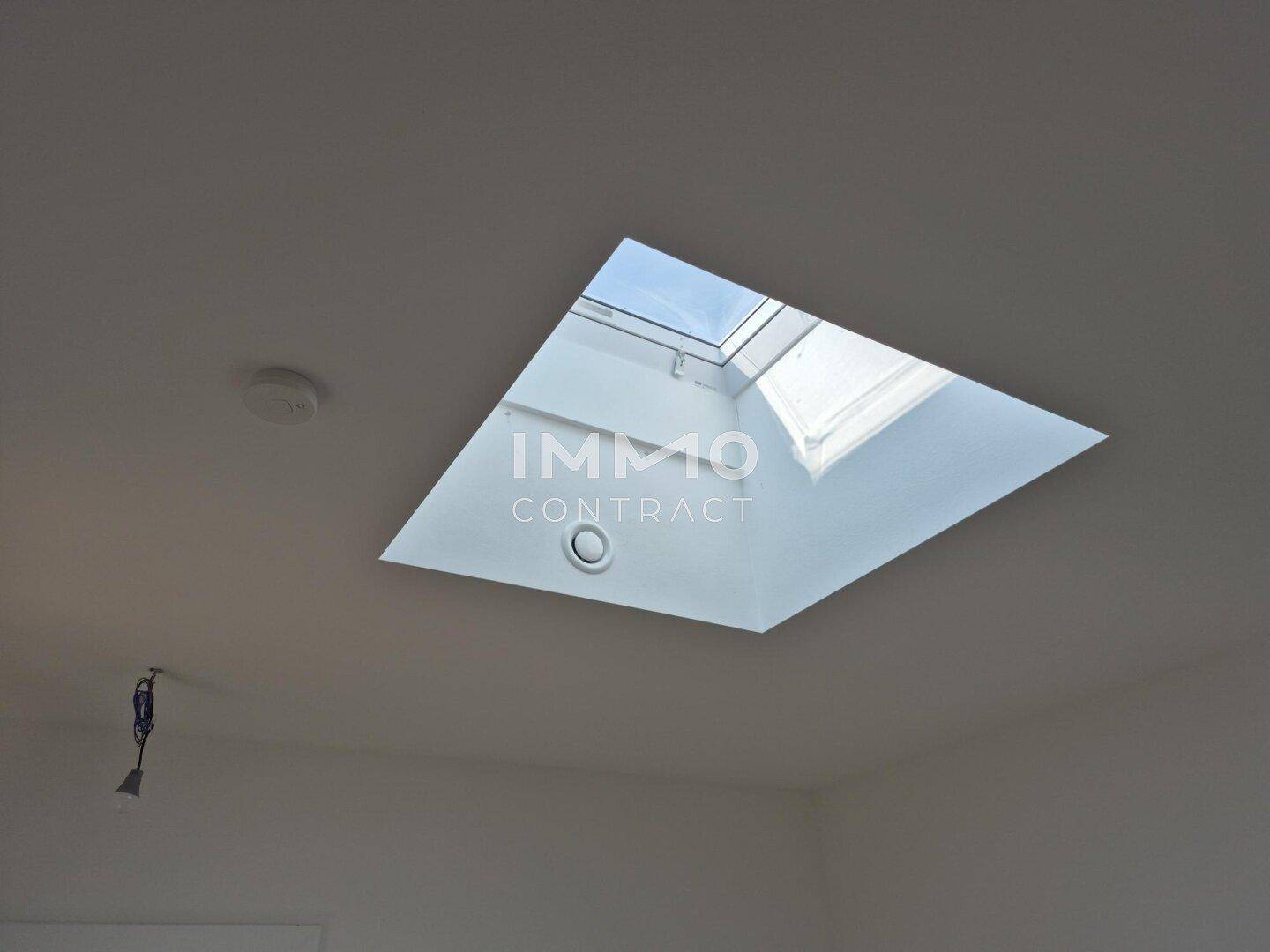 Decke mit einem modernen Dachfenster, das zusätzliches Tageslicht in den Raum bringt.