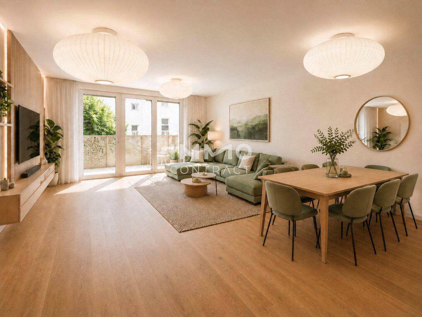 Heller offener Wohn-Essbereich mit Holzboden, moderner Einrichtung und Zugang zum Balkon.