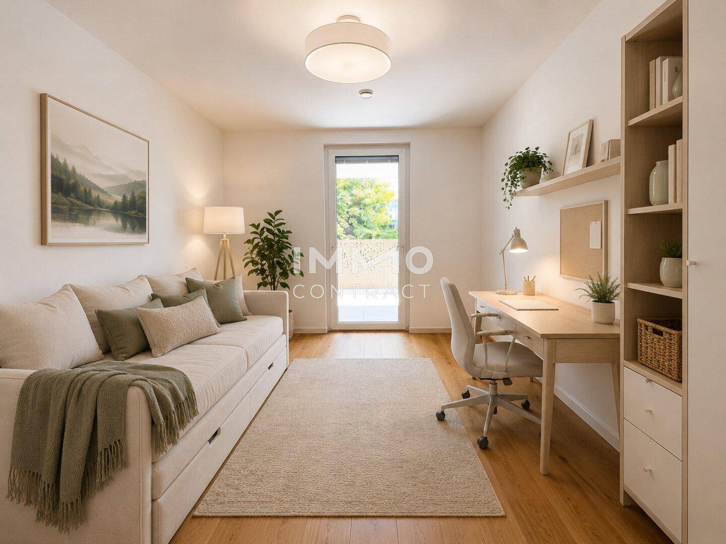 Helles Arbeitszimmer mit Schlafsofa, Schreibtisch und Regalen, ideal für Gäste oder Home-Office.