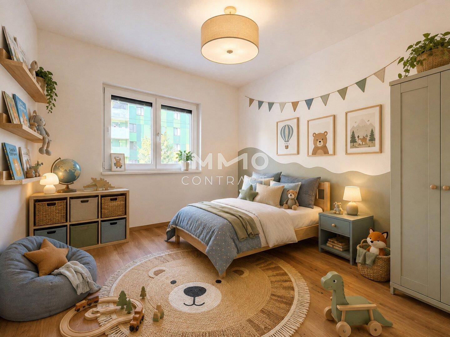 Freundliches Kinderzimmer mit Bett, Stauraum und spielerischer Dekoration, ideal für kleine Bewohner.