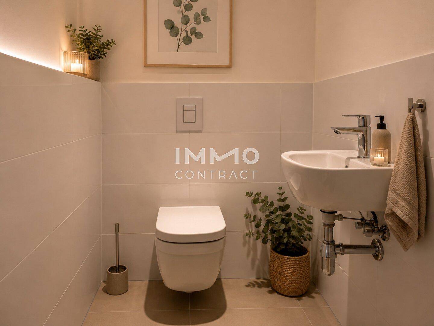 Modernes Gäste-WC mit wandhängender Toilette, kleinem Waschbecken und stilvollen Fliesen.