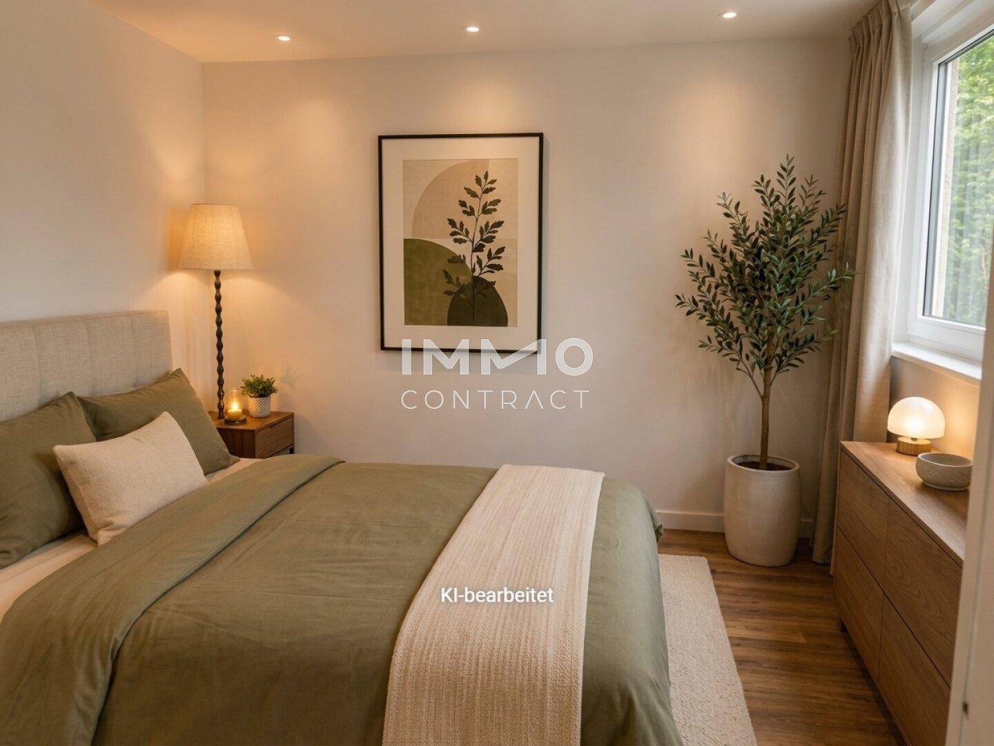 Helles Schlafzimmer mit Doppelbett, Nachttischen und moderner Dekoration.