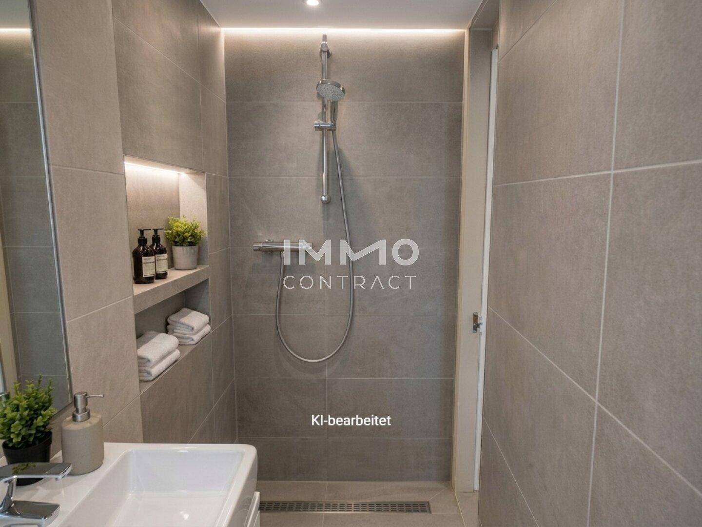 Modernes Badezimmer mit begehbarer Dusche, grauen Fliesen und integrierten Ablagen.