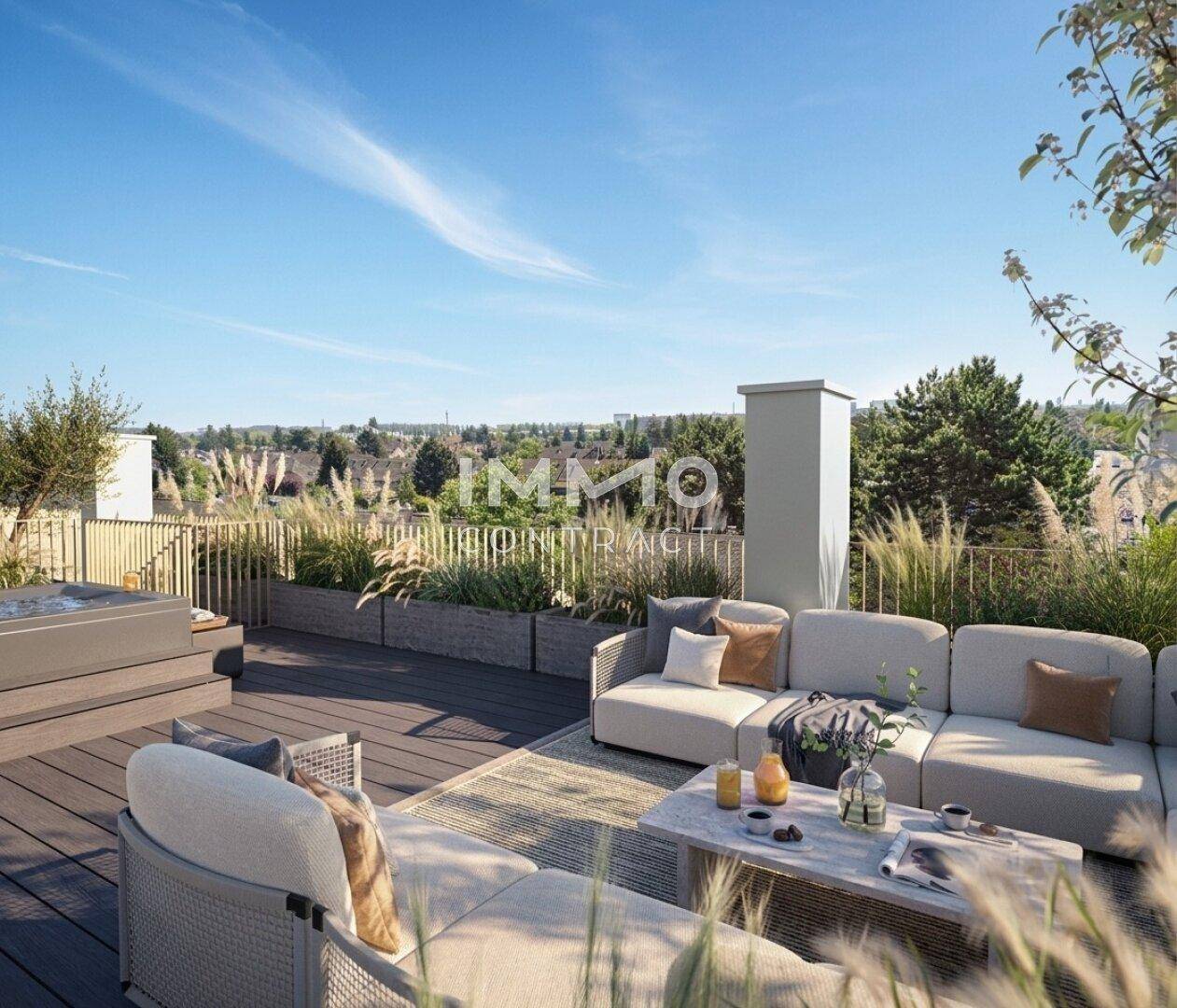Geräumige Dachterrasse mit modernen Loungemöbeln, Whirlpool und weitem Blick ins Grüne.