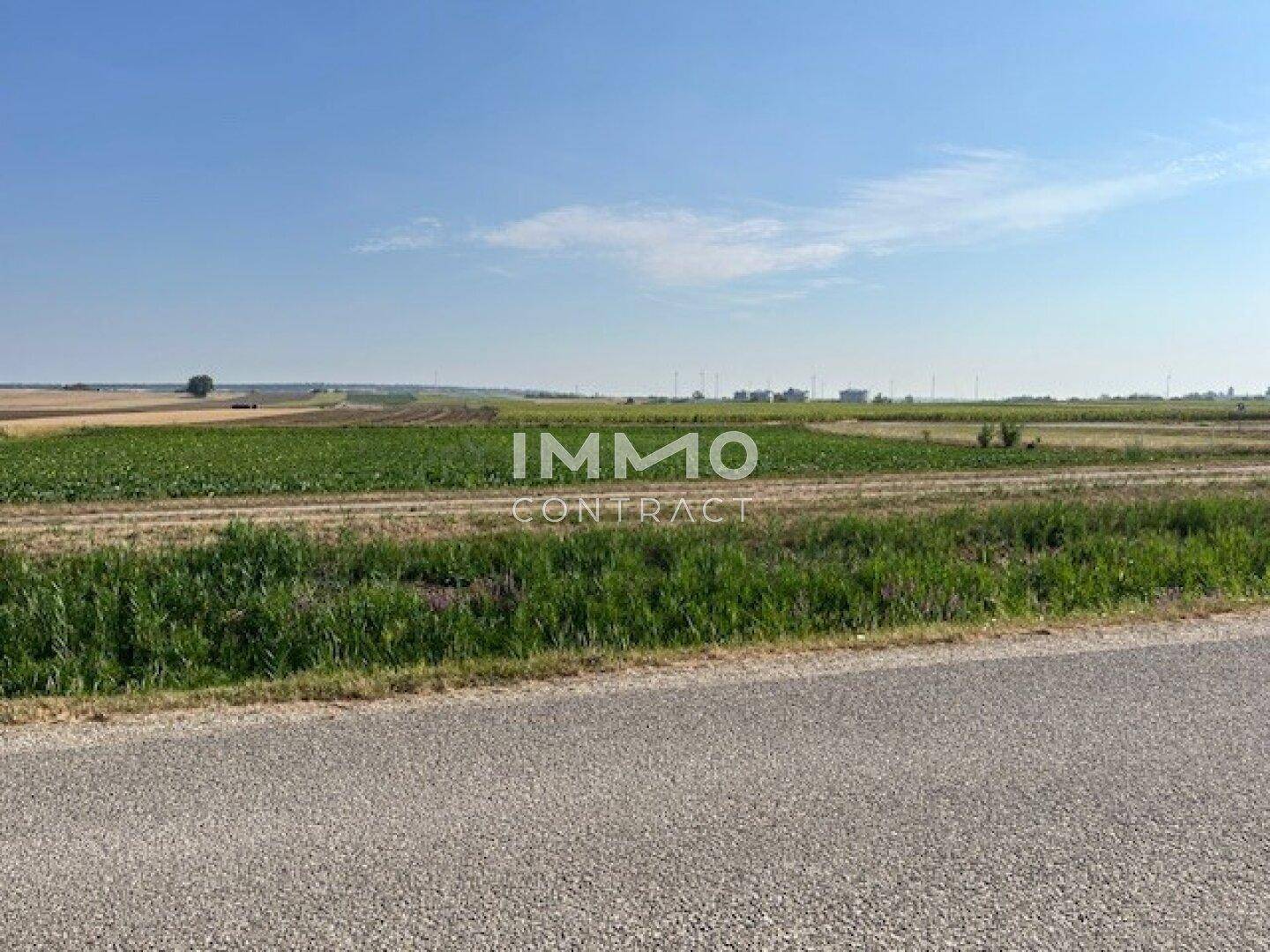 Weitläufige Landschaft mit Feldern und einem klaren blauen Himmel an einem sonnigen Tag.