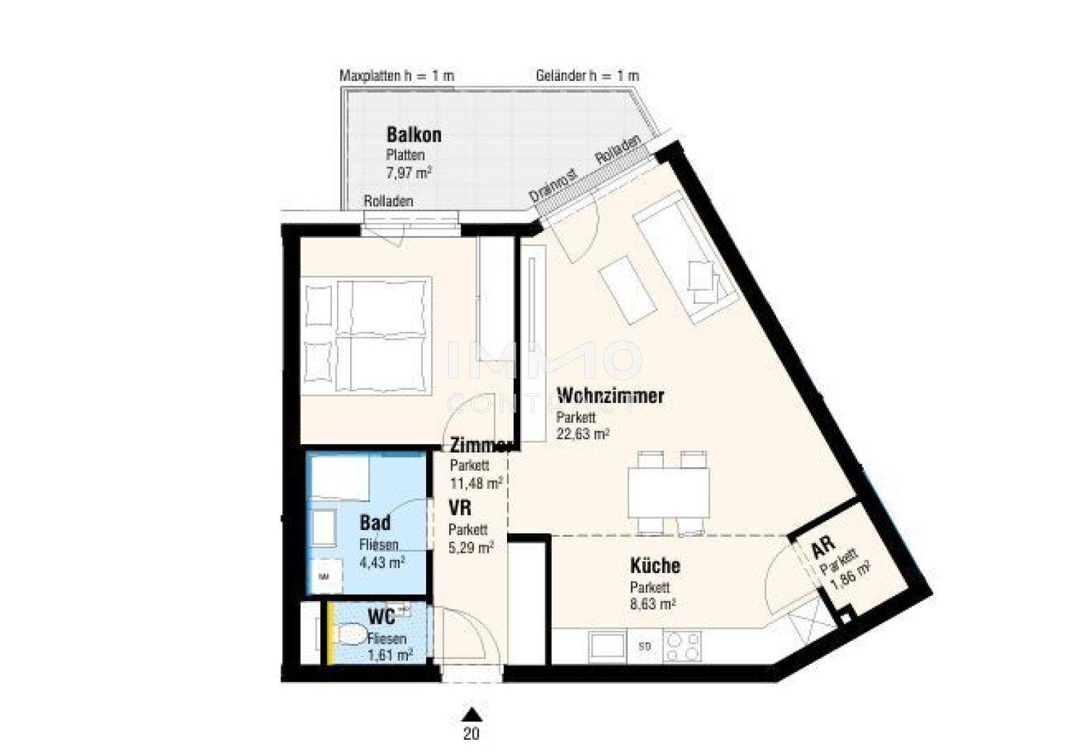 Detaillierter Grundriss einer Wohnung mit Wohnzimmer, Schlafzimmer, Bad, WC, Küche und Balkon.
