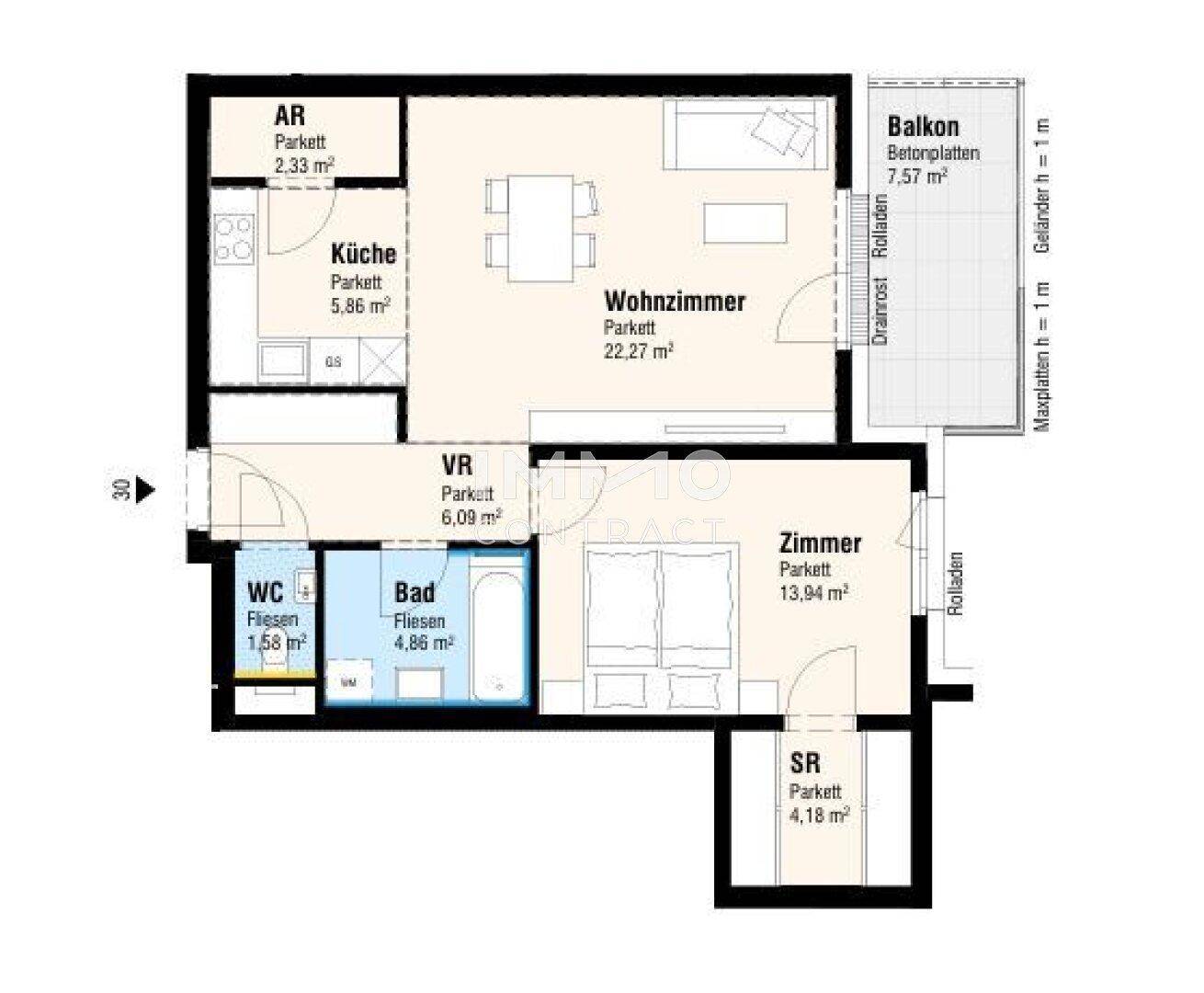 Grundriss einer Wohnung mit Wohnzimmer, Küche, Schlafzimmer, Bad, separatem WC und Balkon.