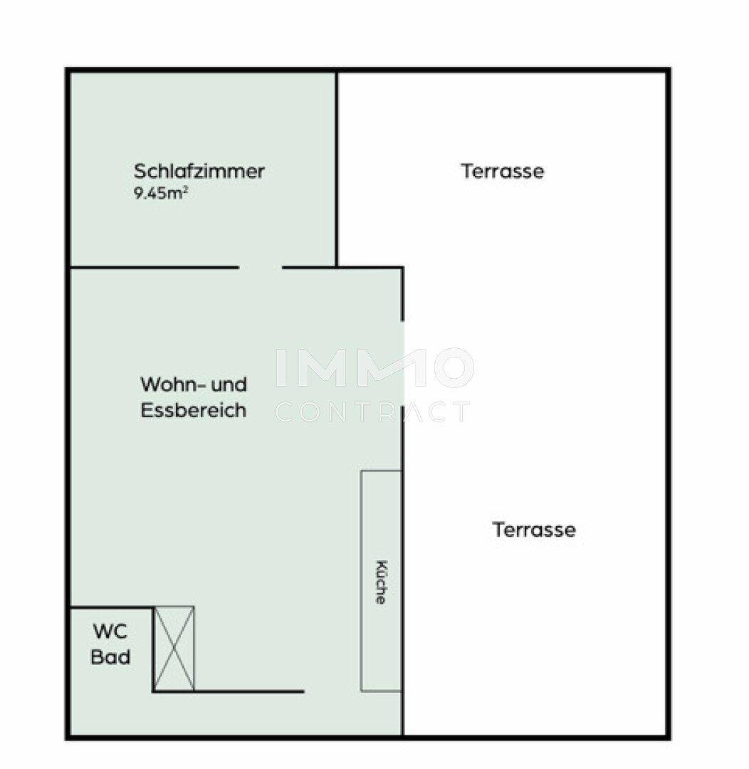 Grundriss einer Wohnung mit Schlafzimmer, offenem Wohn- und Essbereich, separater Küche und großer Terrasse.