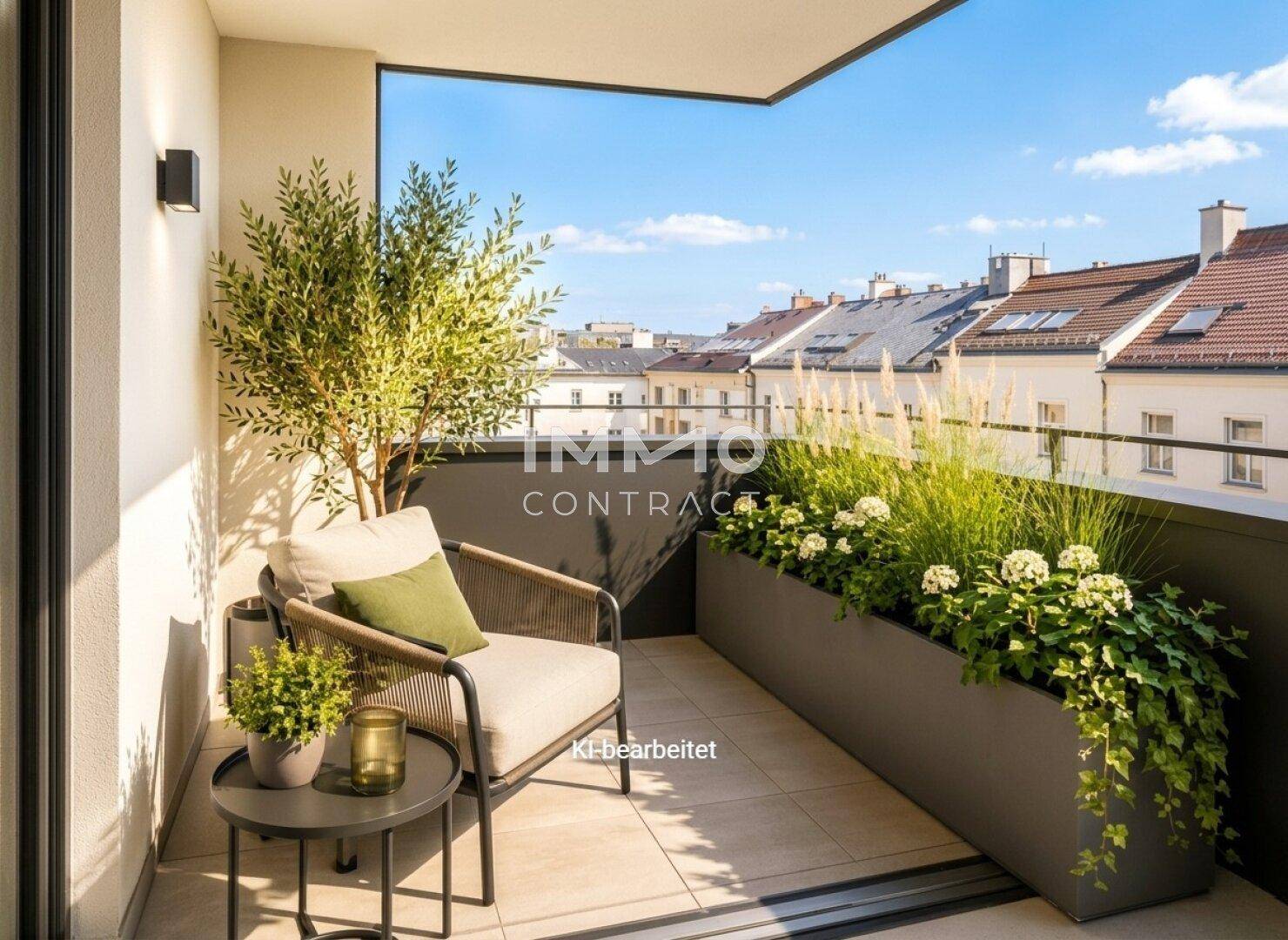 Heller Balkon mit Stadtblick, bequemen Sitzgelegenheiten und Pflanzen für eine entspannte Atmosphäre.