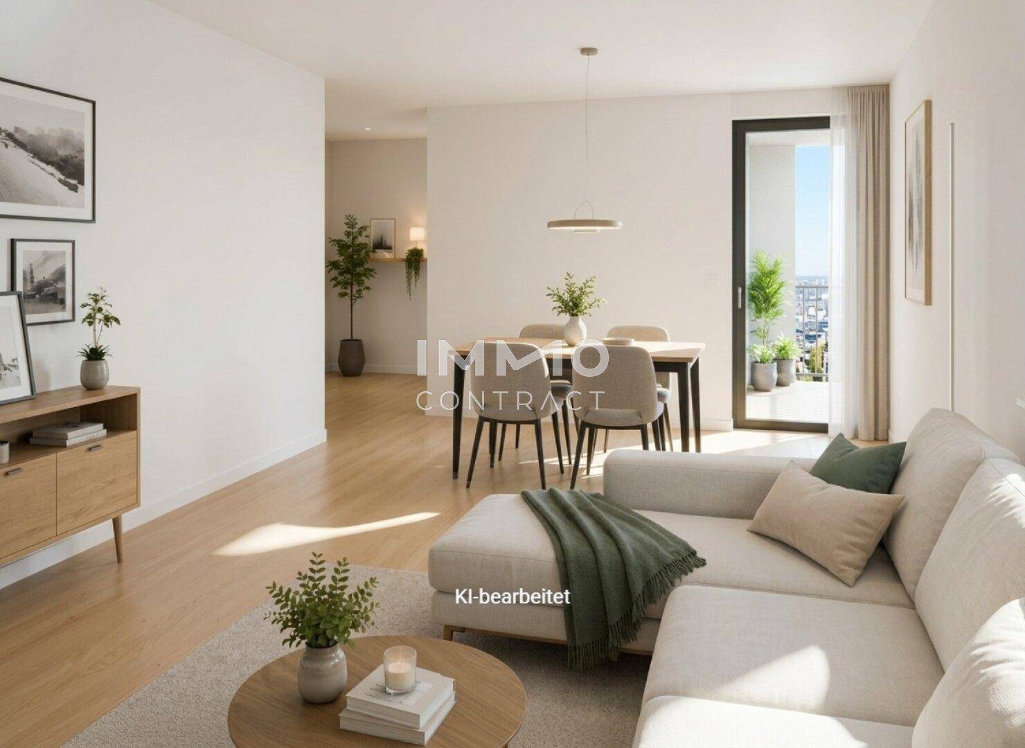 Lichtdurchfluteter offener Wohn-Essbereich mit hellem Holzboden und Zugang zu einem Balkon.