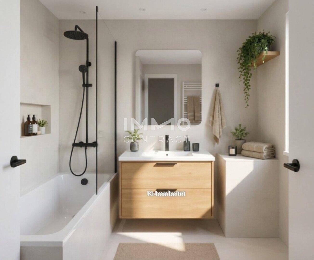 Modernes Badezimmer mit Badewanne, integrierter Dusche und stilvollem Holzwaschtisch.