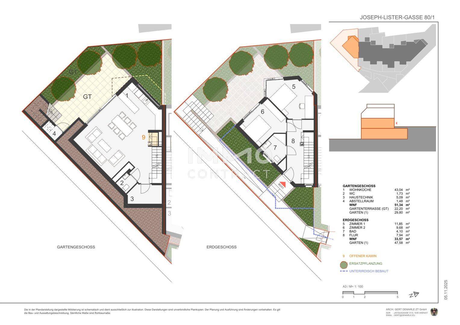 Grundriss des Erdgeschosses und Gartengeschosses mit Wohnbereich und Garten.