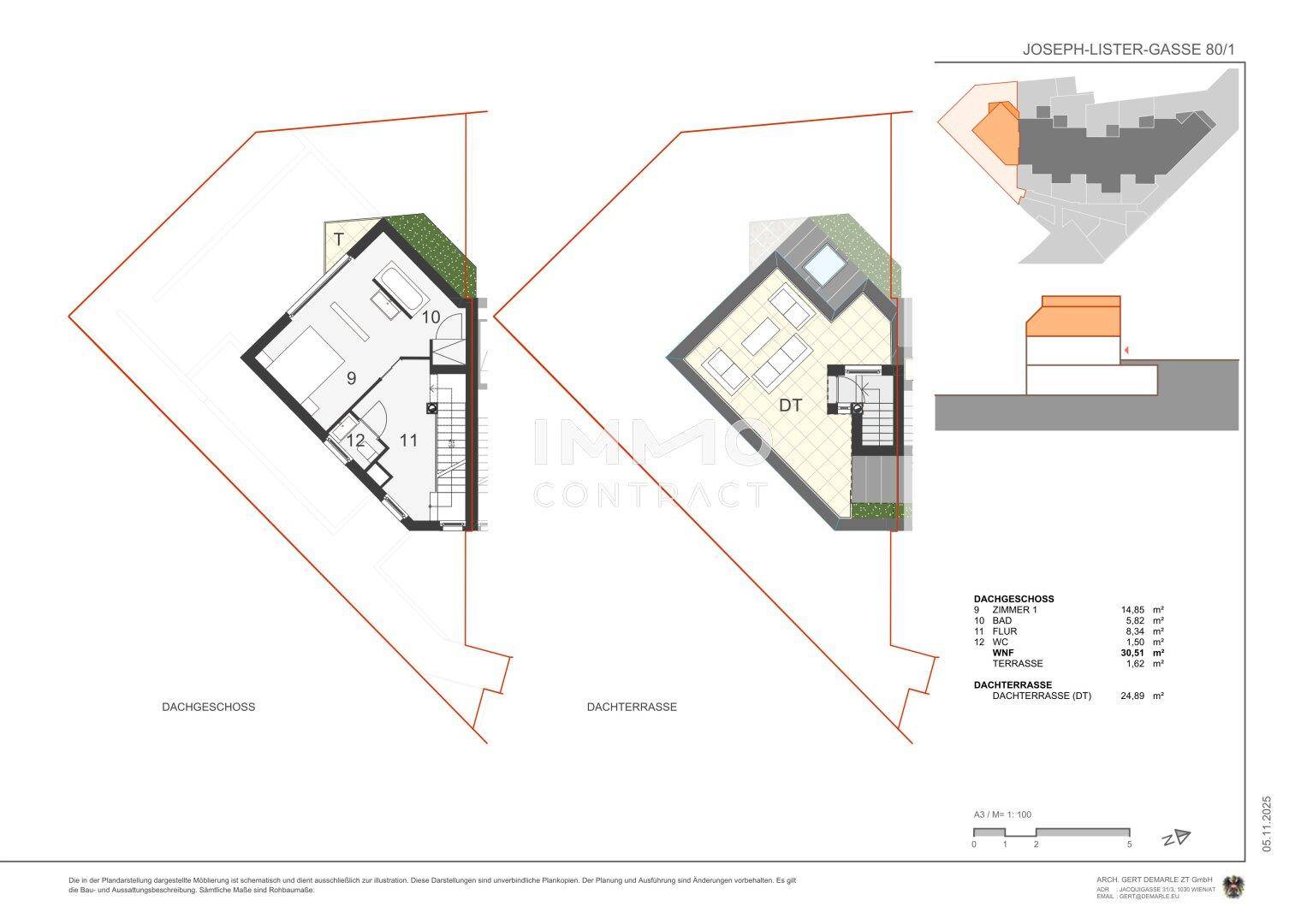 Grundriss des Dachgeschosses mit Zimmern, Bad und Zugang zur Dachterrasse.