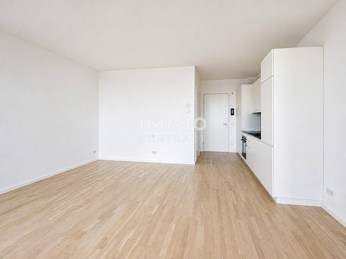 Heller Wohnraum mit Holzboden und einer kompakten, modernen Küchenzeile im Hintergrund.