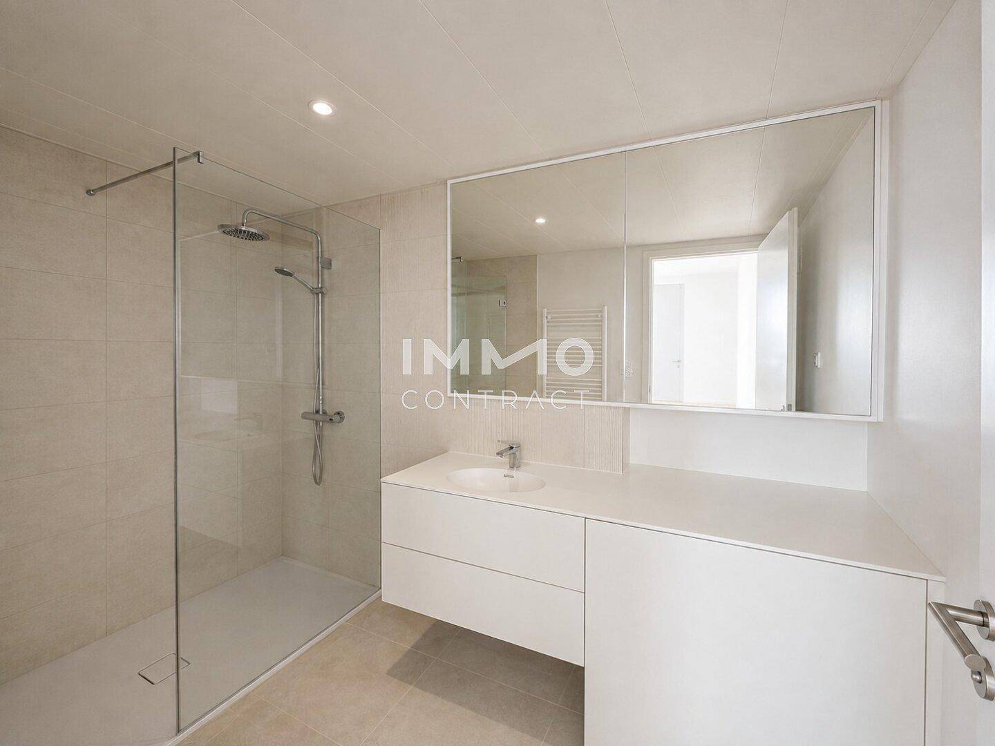 Modernes Badezimmer mit großer begehbarer Dusche, Einzelwaschbecken und großem Spiegel.